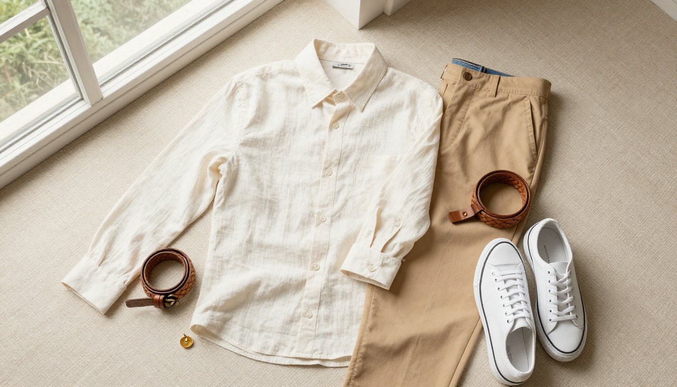 Fashion flat lay overhead shot of a curated summer outfit including cream linen shirt, tan chinos, woven leather belt, and white canvas sneakers on a natural linen surface