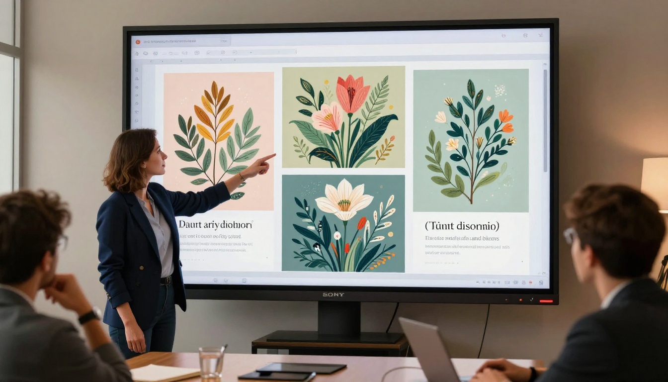 A creative director presenting AI-generated book cover designs on a large monitor in a studio A creative director presenting AI-generated book cover designs on a large monitor in a studio