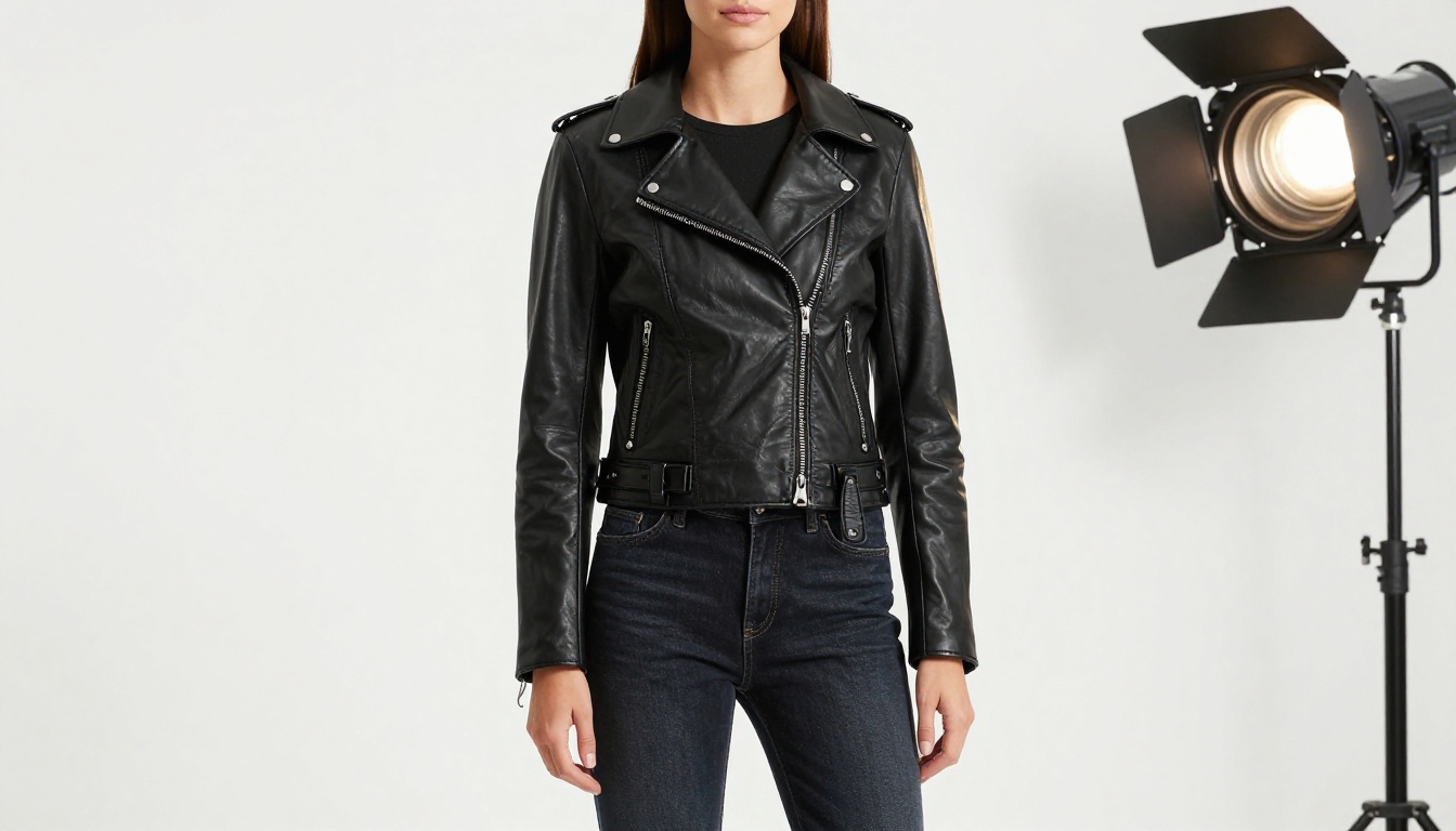 Professional e-commerce model wearing a structured black leather moto jacket and dark wash jeans against a pure white studio background with three-point professional lighting