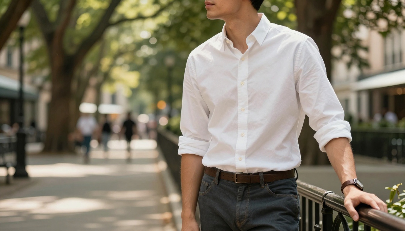 Young man in a crisp white Oxford button-down shirt and camel chinos in a sunlit city park, dappled light filtering through overhead tree canopy