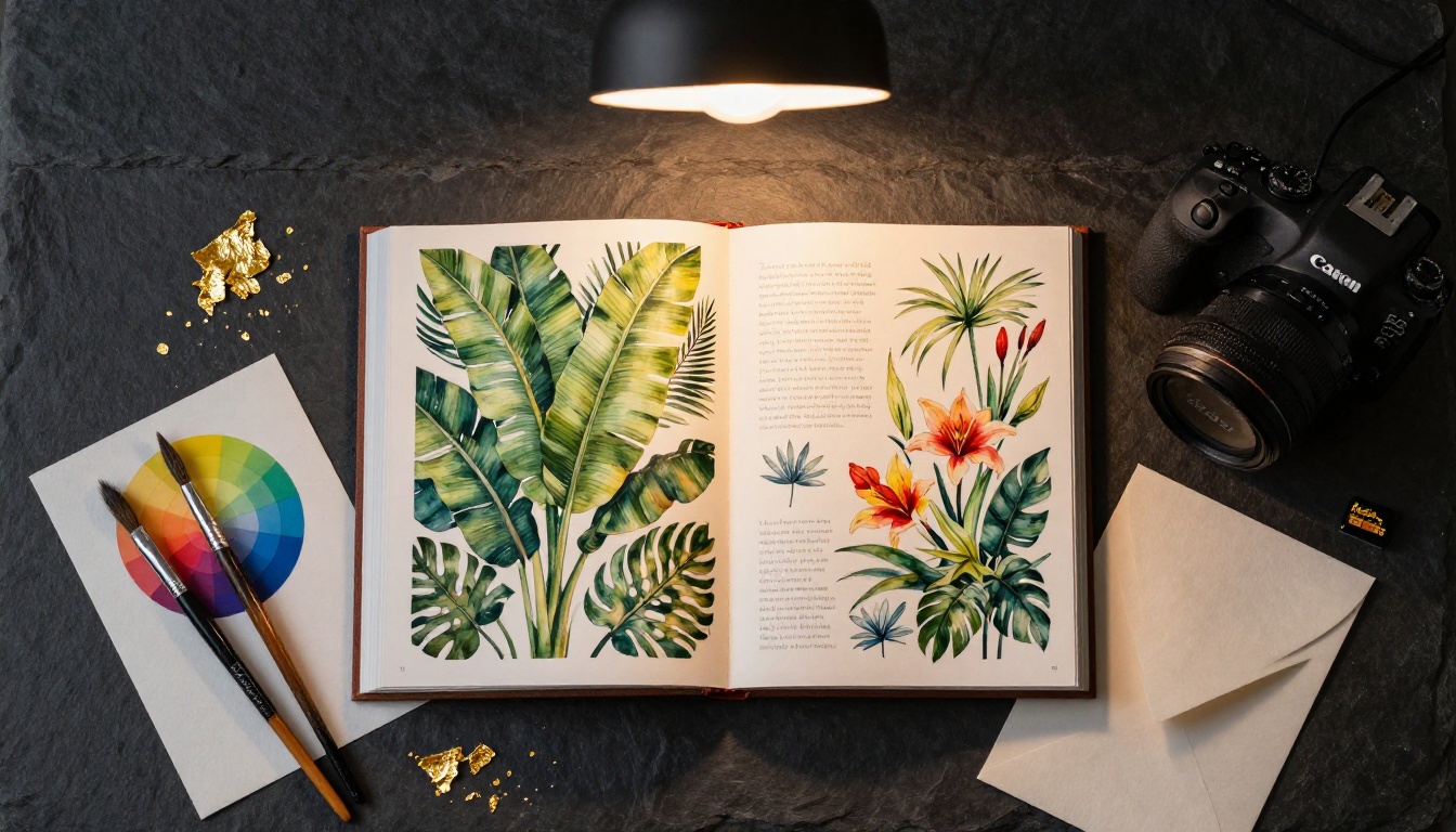 Aerial flat lay of book cover design materials with botanical illustration and creative tools Aerial flat lay of book cover design materials with botanical illustration and creative tools