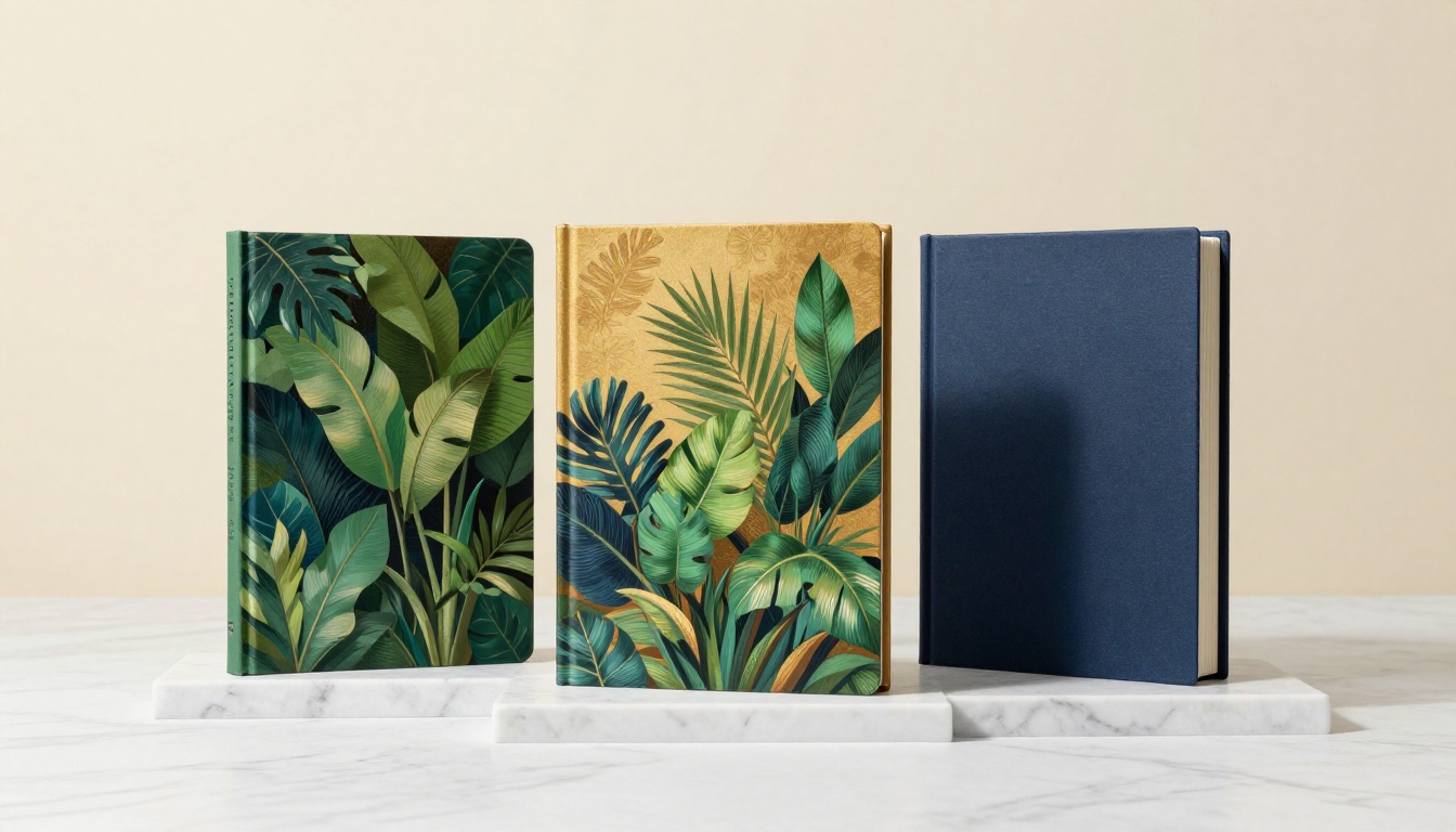 Three beautifully designed hardcover books on a white marble podium with professional studio lighting Three beautifully designed hardcover books on a white marble podium with professional studio lighting
