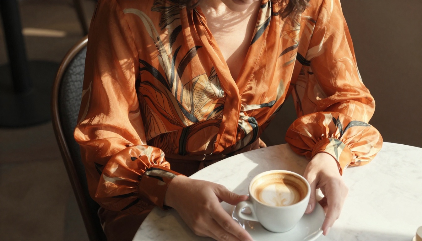 Aerial angled overhead view of a woman in a flowing burnt orange silk blouse seated at a marble café table with warm afternoon sunlight illuminating the translucent fabric