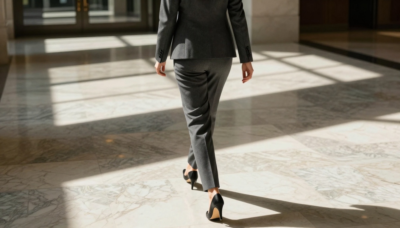 Rear ankle-level view of a woman in a charcoal gray tailored power suit walking through a grand marble corporate lobby with dramatic overhead skylight pools of light