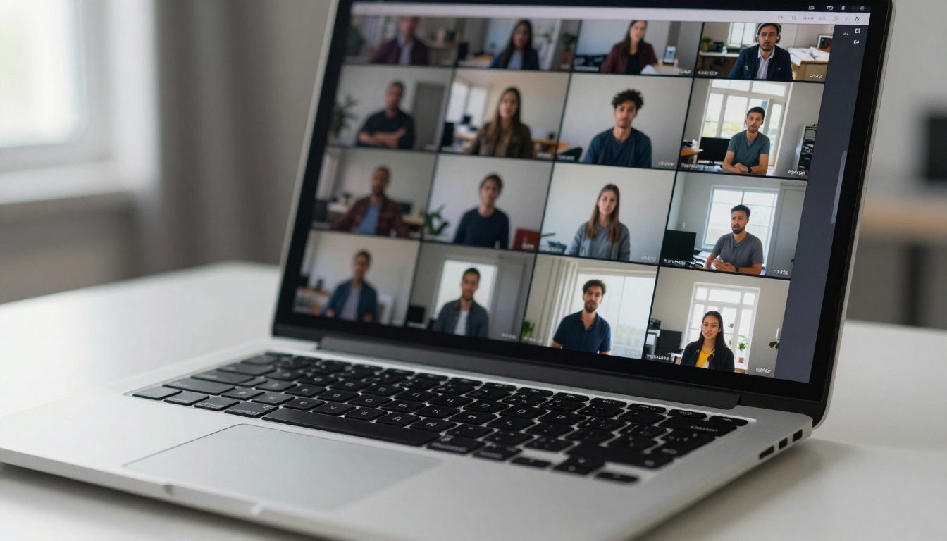 Laptop screen displaying AI storyboard grid with multiple generated scene frames