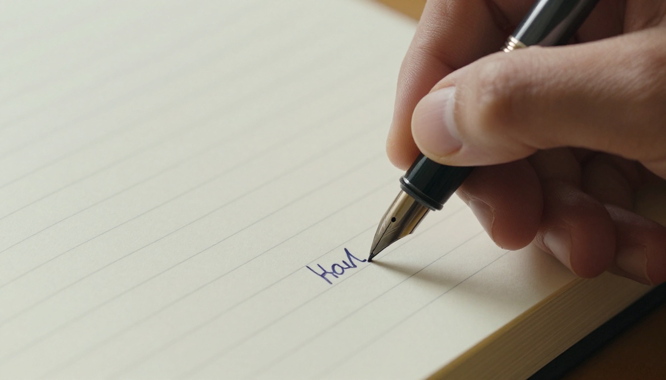 Close-up of a hand writing scene descriptions in a notebook with a fountain pen