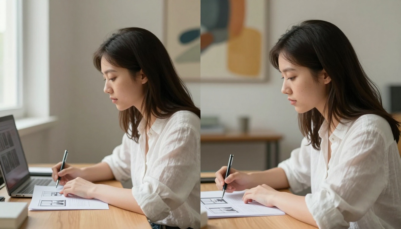 Woman comparing printed character frames for visual consistency across scenes