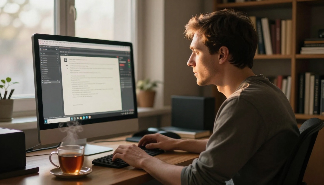 Person using AI video generation interface on a computer in a home office