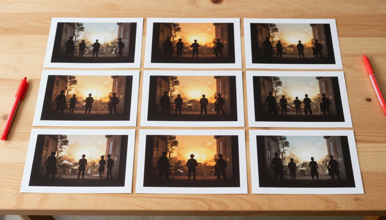 Flat lay of printed AI video storybook frames arranged in sequential order on a wooden table