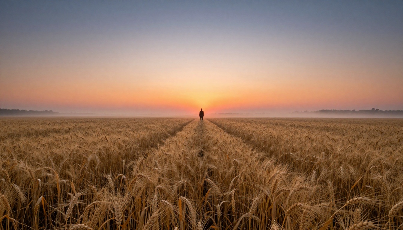 Dramatic cinematic wide shot of a wheat field at sunrise with a lone silhouette on the horizon