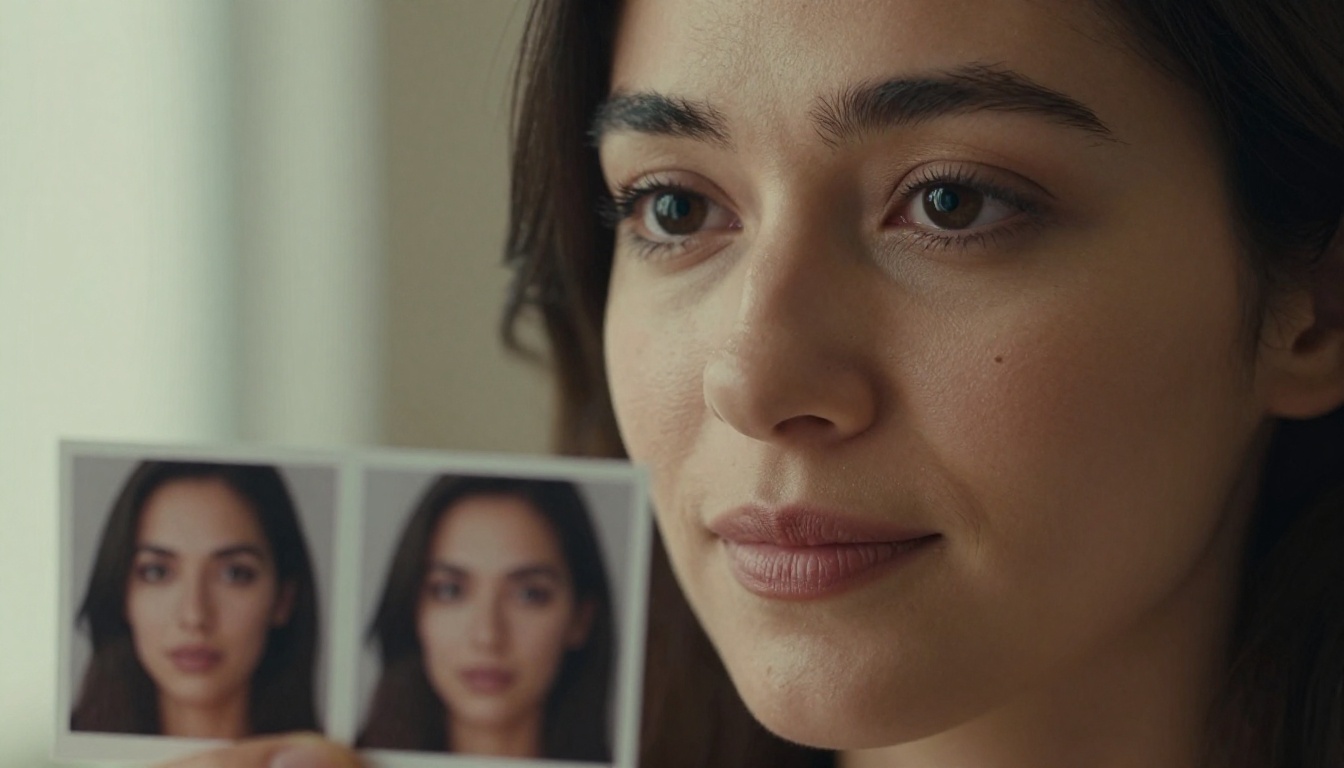 Portrait of a woman holding printed AI scene thumbnails showing character progression