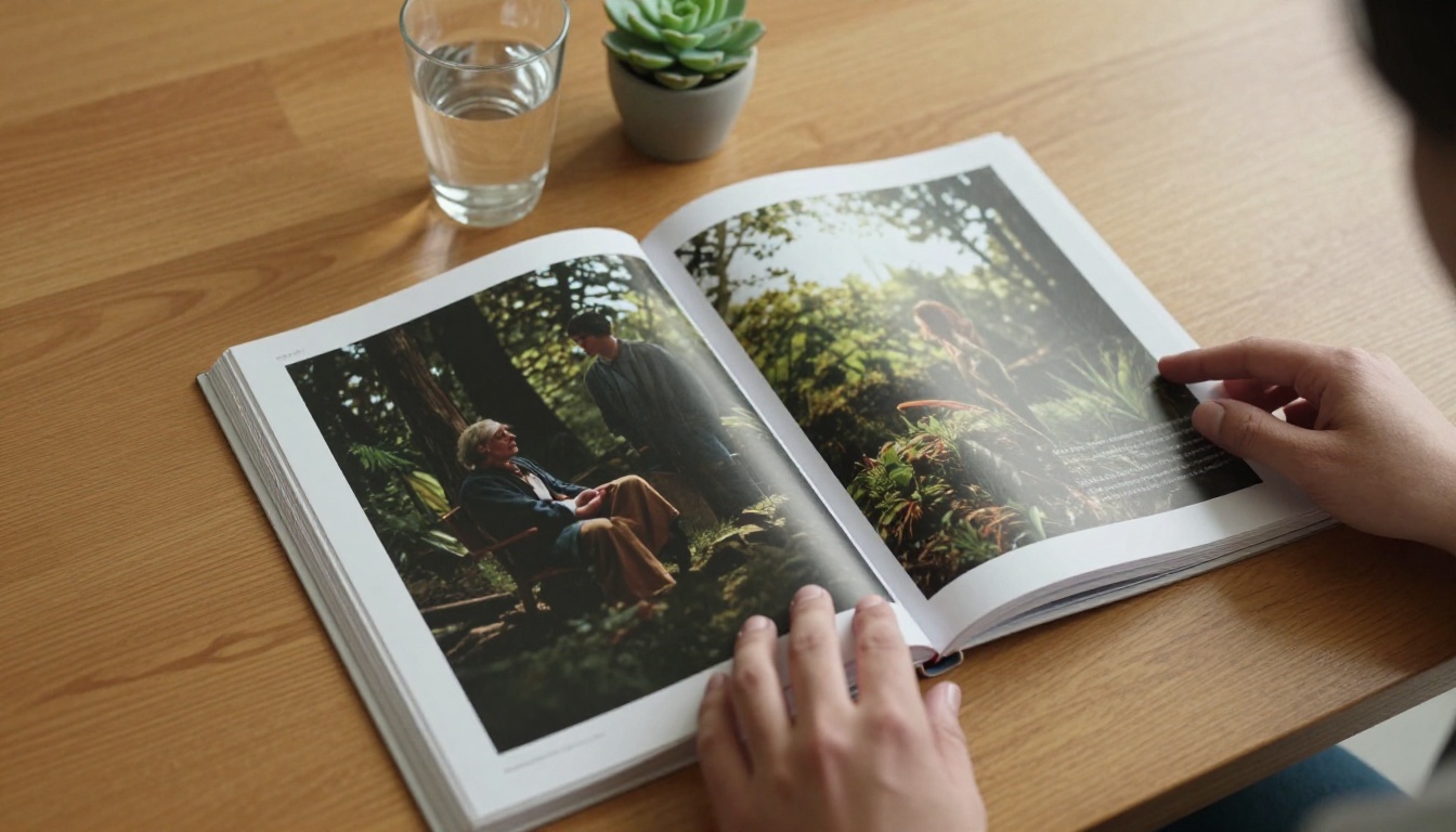 Open finished AI storybook on a wooden table showing cinematic scene spreads