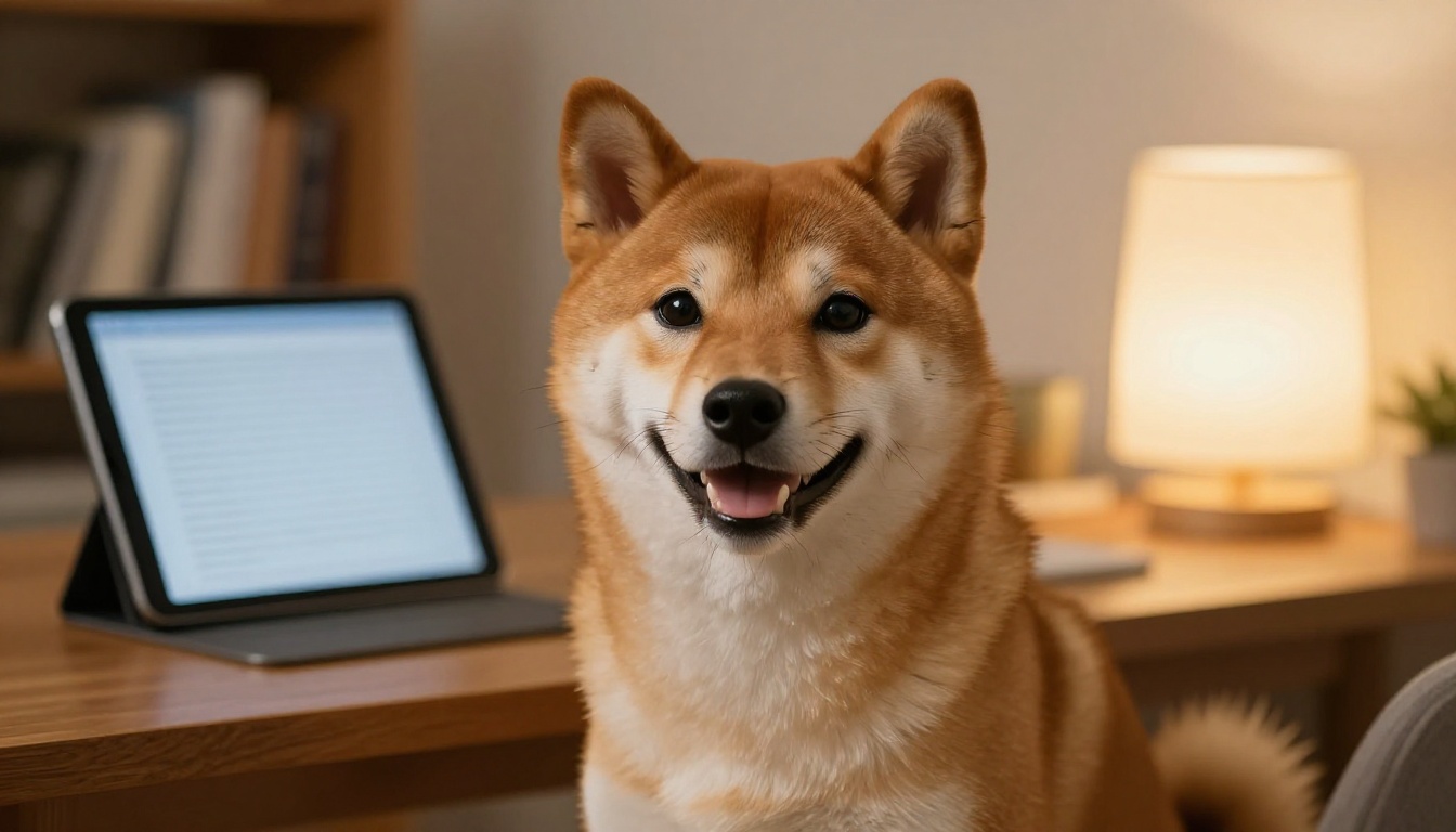 A happy shiba inu dog sitting in front of a glowing tablet screen on a wooden desk, warm lamp light, photorealistic golden-rust fur