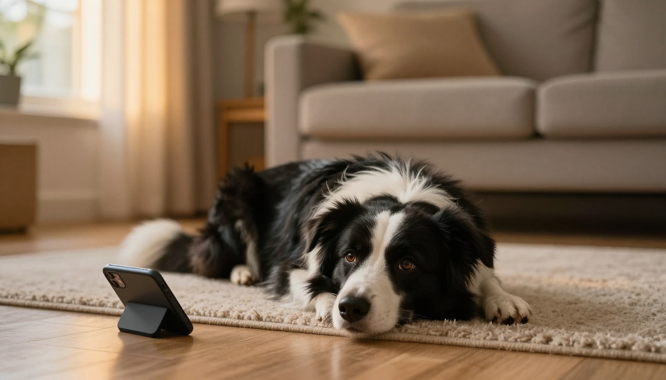 A border collie dog lying on a cozy living room floor next to a smartphone, black and white fur with individual strand detail