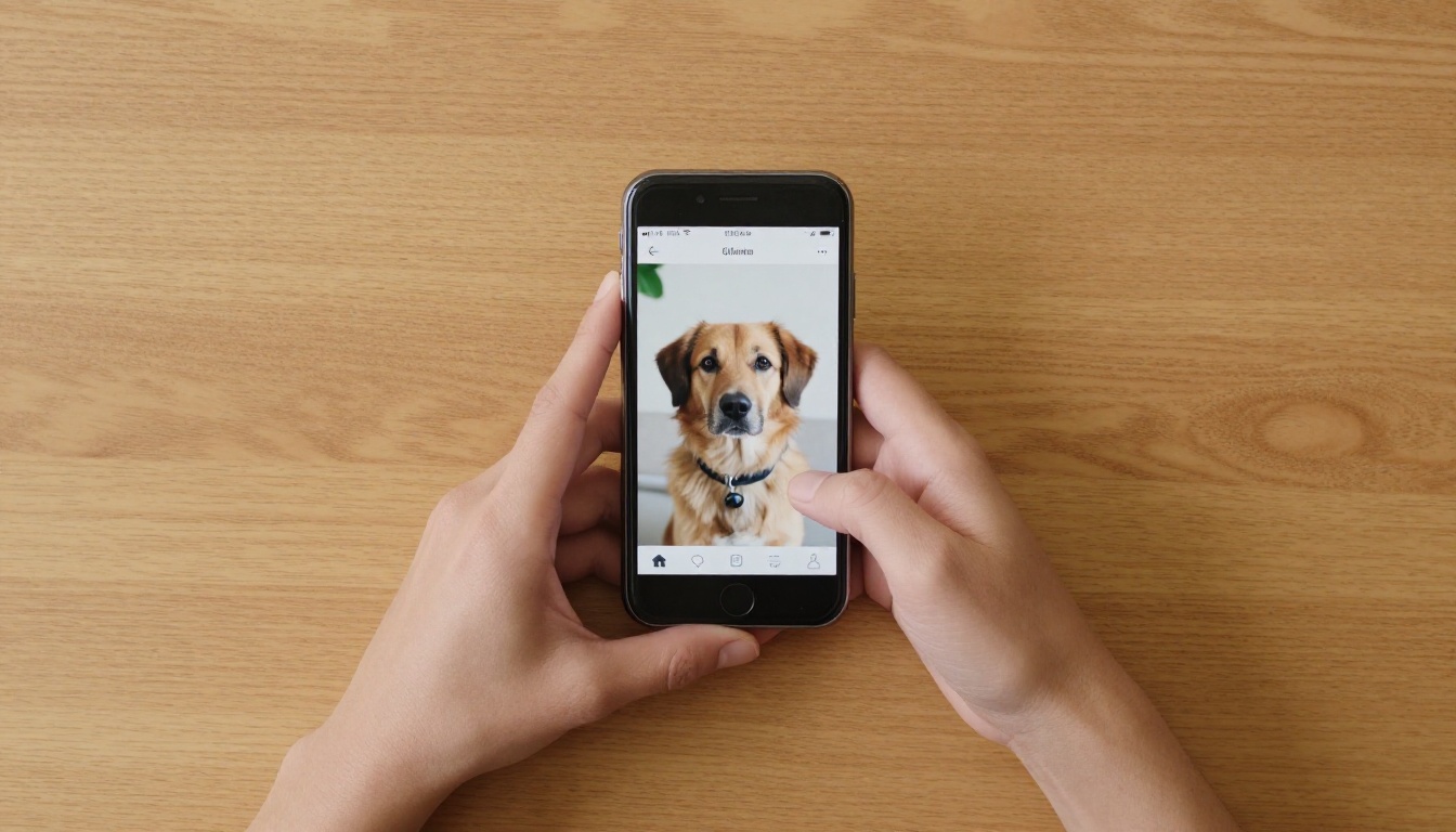 Aerial top-down shot of hands holding a smartphone over a wooden table, showing a dog photo being processed by AI