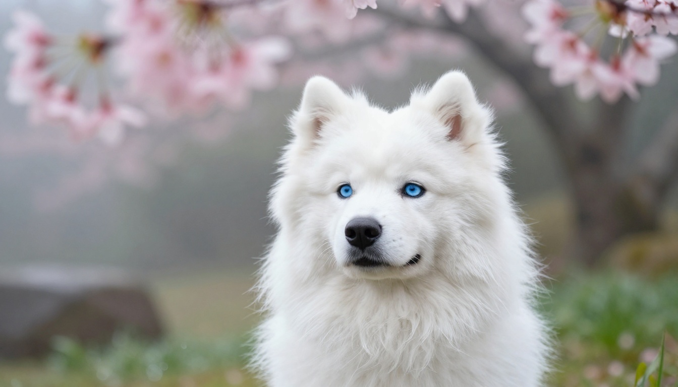 Close-up portrait of a fluffy white samoyed dog in a Japanese garden with cherry blossoms, 85mm lens, photorealistic fur