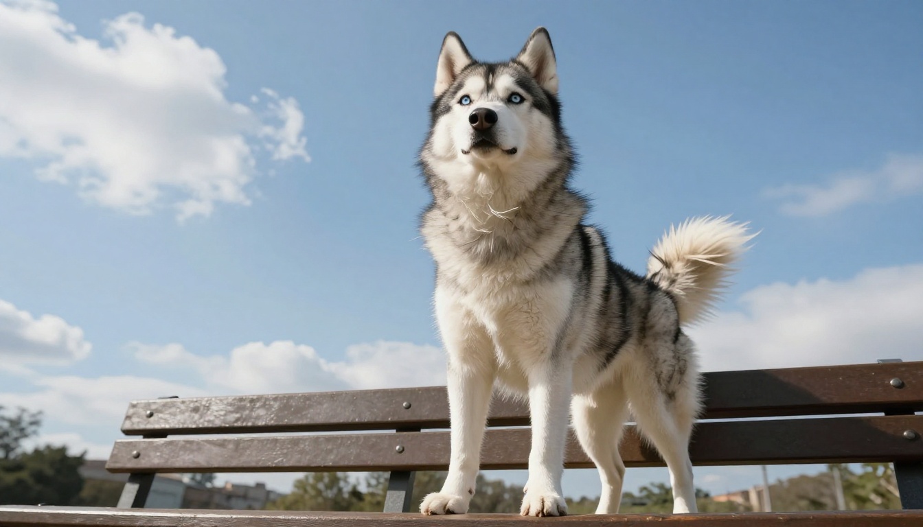 Low-angle shot of a confident husky standing on a sunlit park bench, blue sky above, photorealistic fur with rim lighting