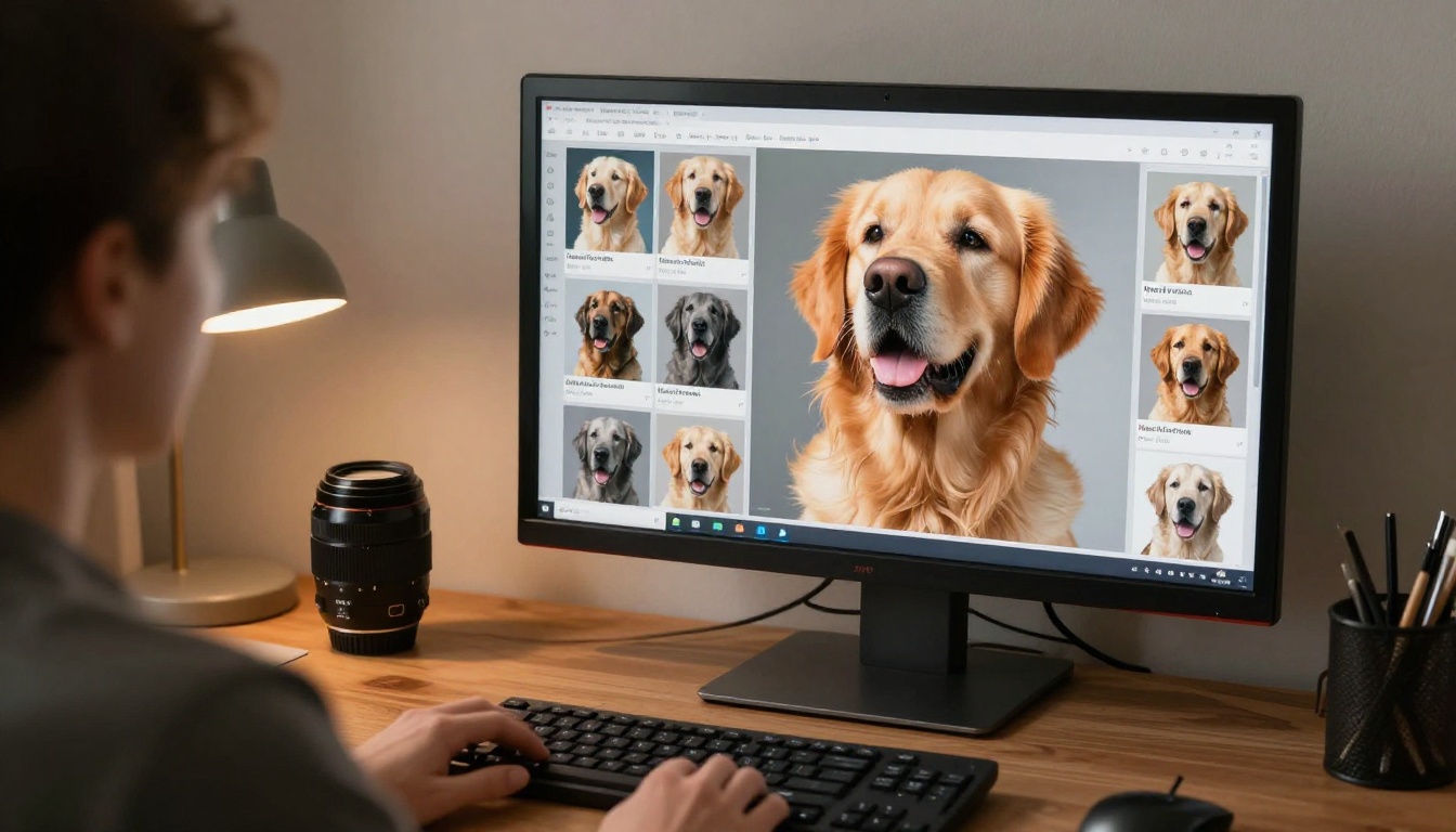 A person at a home computer desk with a golden retriever sitting attentively beside the chair, warm desk lamp lighting