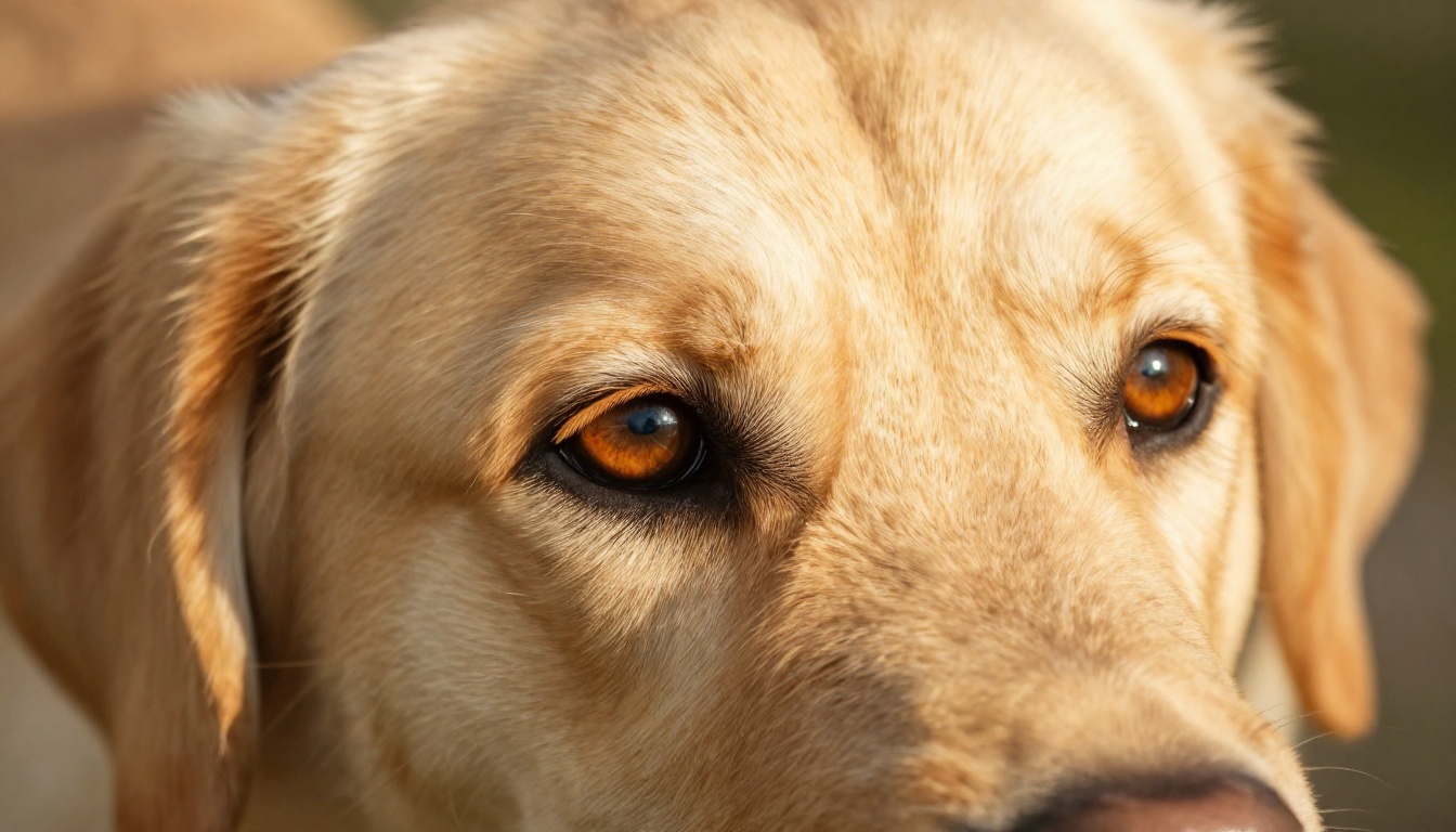 Close-up macro shot of a golden labrador's expressive brown eyes, photorealistic iris detail, individual fur strands visible