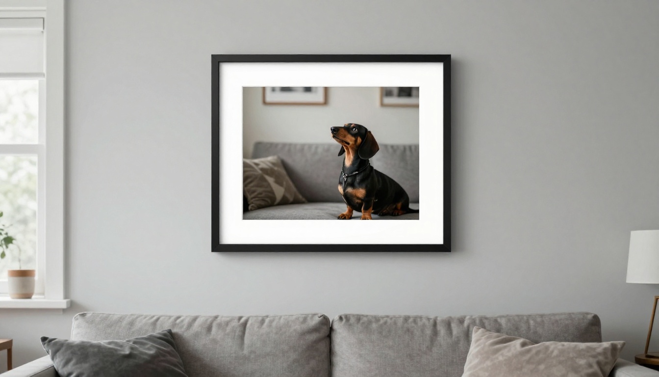 A dachshund sitting on a couch below a framed artwork hanging on a grey living room wall, natural indoor light