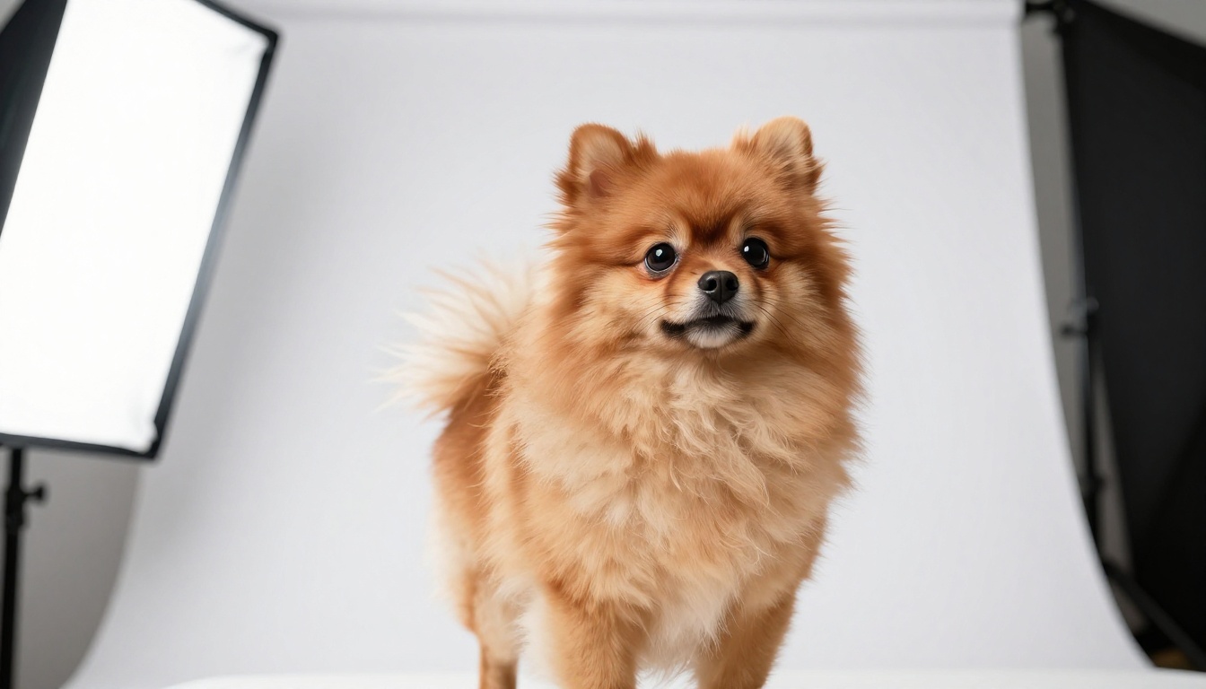 A pomeranian dog sitting on a white studio backdrop, professional soft box lighting, hyper-detailed fur with every strand visible