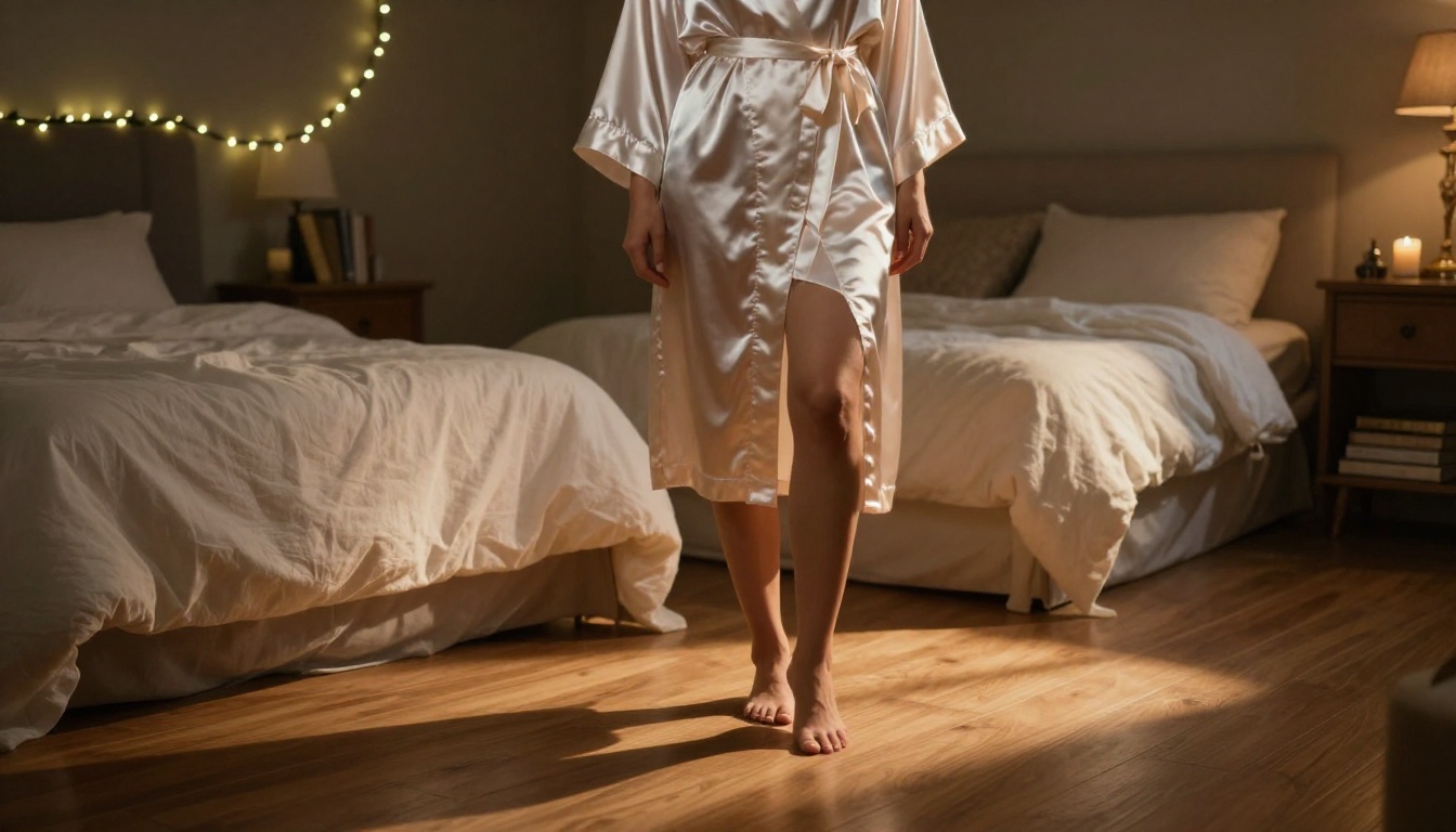 A woman in a flowing satin robe standing in a cinematic bedroom lit by warm amber bedside lamps, long shadows stretching across hardwood floor