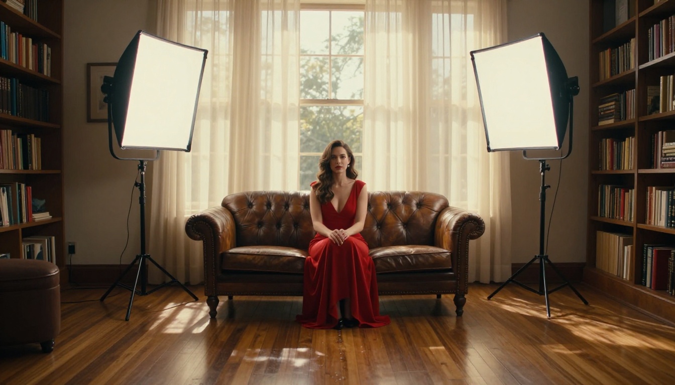 A woman in a red dress posed dramatically on a leather sofa in a living room film set, two LED panels providing key and fill light, golden hour sunlight through sheer linen curtains