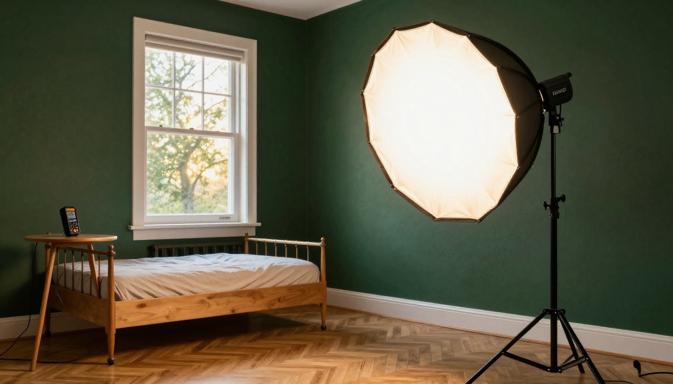 Professional lighting equipment arranged in a bedroom: a softbox on a stand, a reflector disc propped against the wall, warm amber light on deep green walls