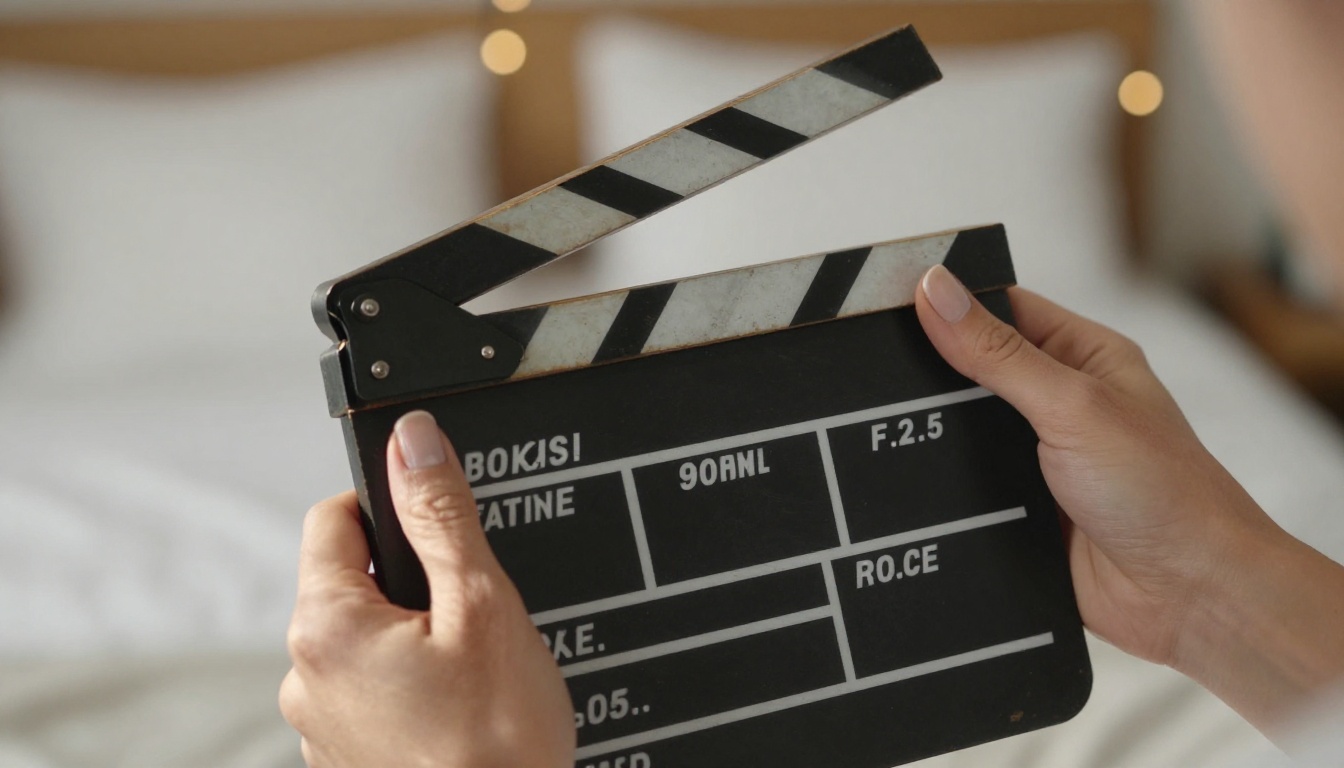 A vintage film clapperboard held by a woman's hands with manicured nails, blurred bokeh bedroom background with warm string lights, afternoon light from the left