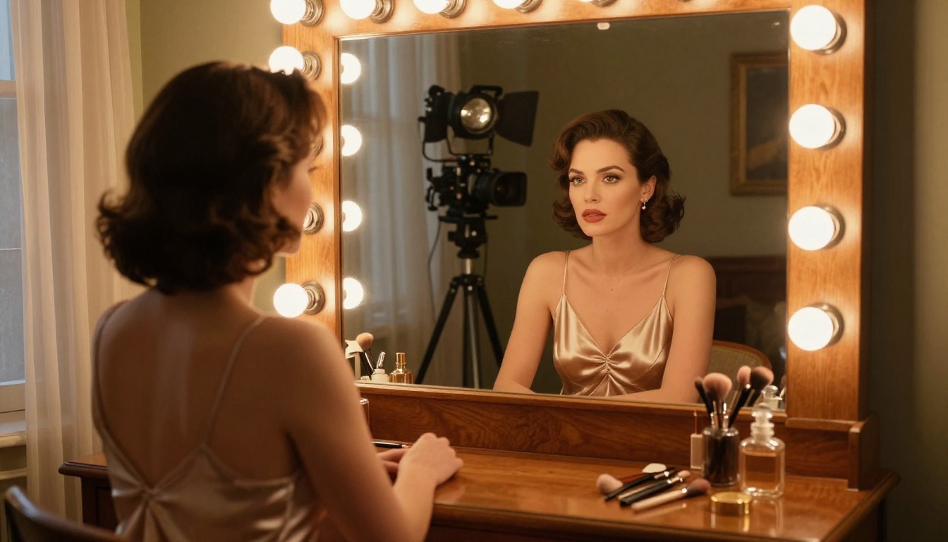 A woman in a silk slip dress at a vintage vanity mirror surrounded by Hollywood globe bulb lights, her reflection revealing the full bedroom film set behind her