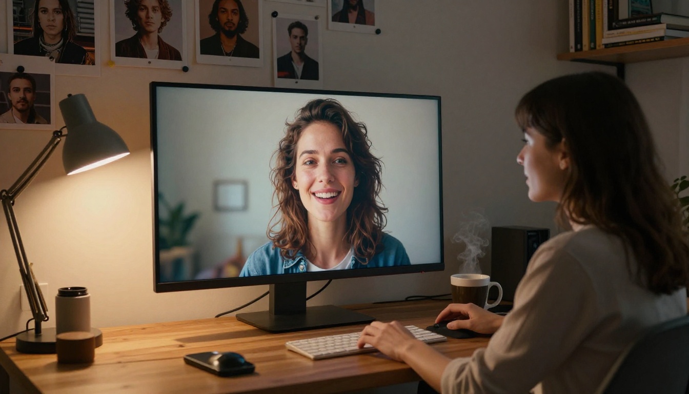 A woman sitting at a creative desk with an AI-generated portrait displayed on a monitor, warm desk lamp illuminating her face, artistic moodboard pinned to the wall, photorealistic bedroom environment