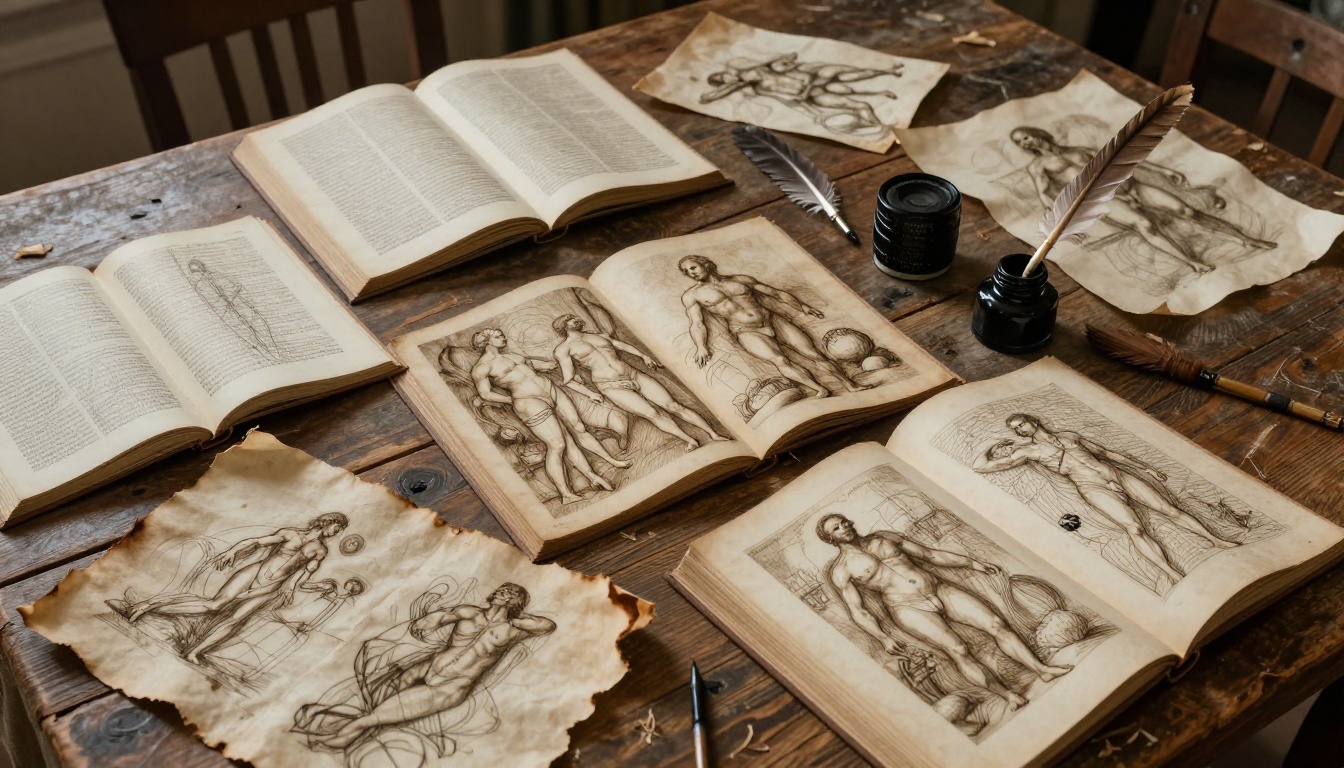 Open art history book with Renaissance drawings