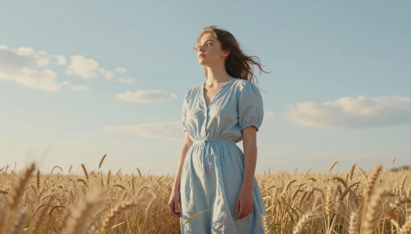 Woman in sunlit wheat field, Impressionist mood