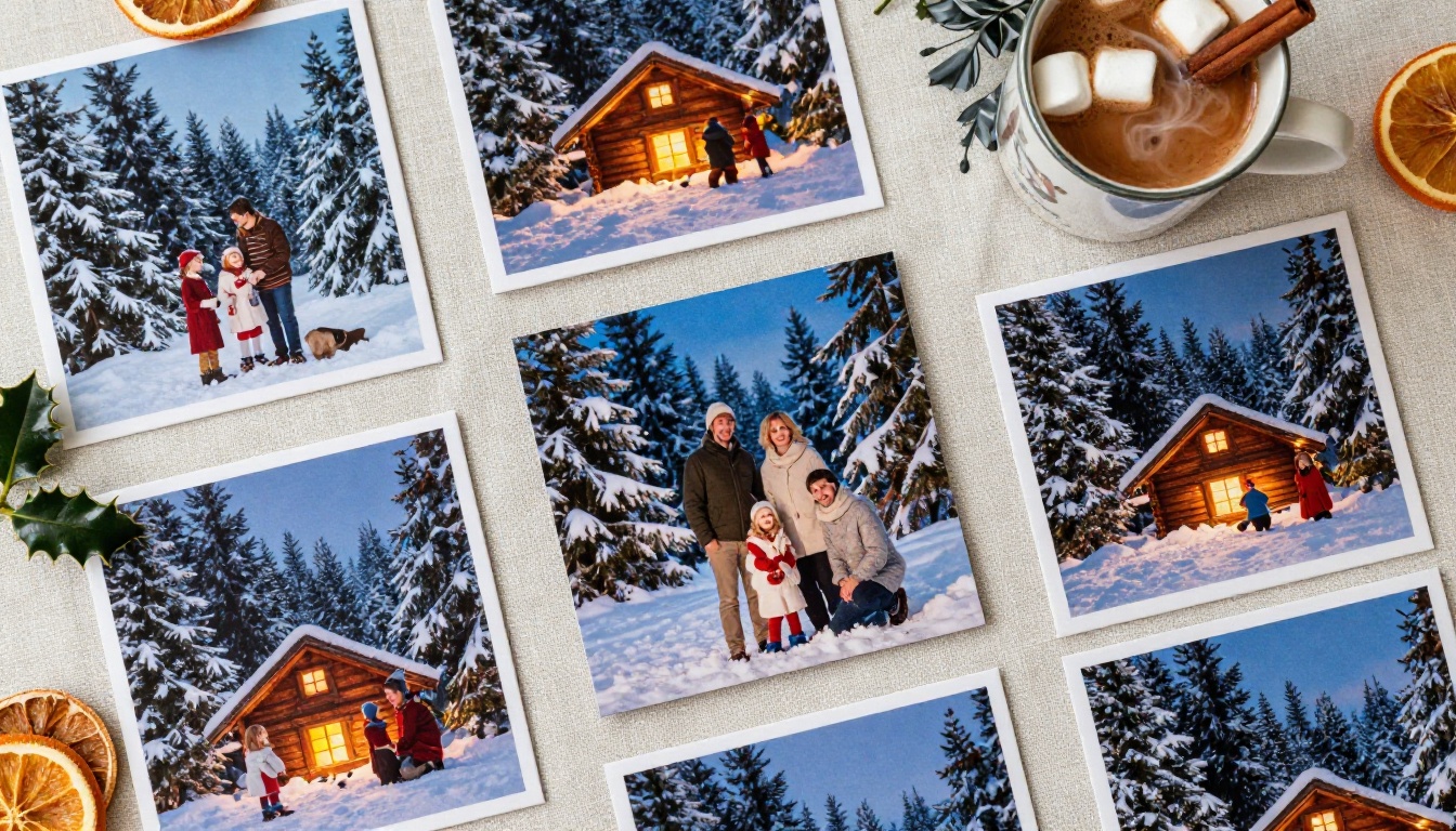 A collection of beautifully printed AI Christmas cards spread on a linen tablecloth with hot cocoa and holiday decorations