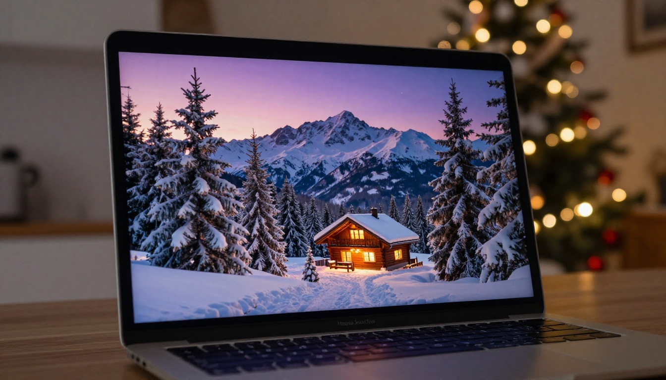A laptop screen showing an AI-generated snowy mountain Christmas card scene in a festive kitchen setting
