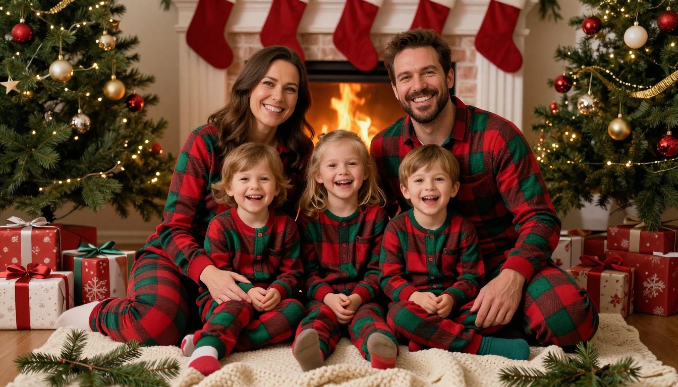 A happy family in matching Christmas pajamas laughing by a fireplace, photorealistic portrait