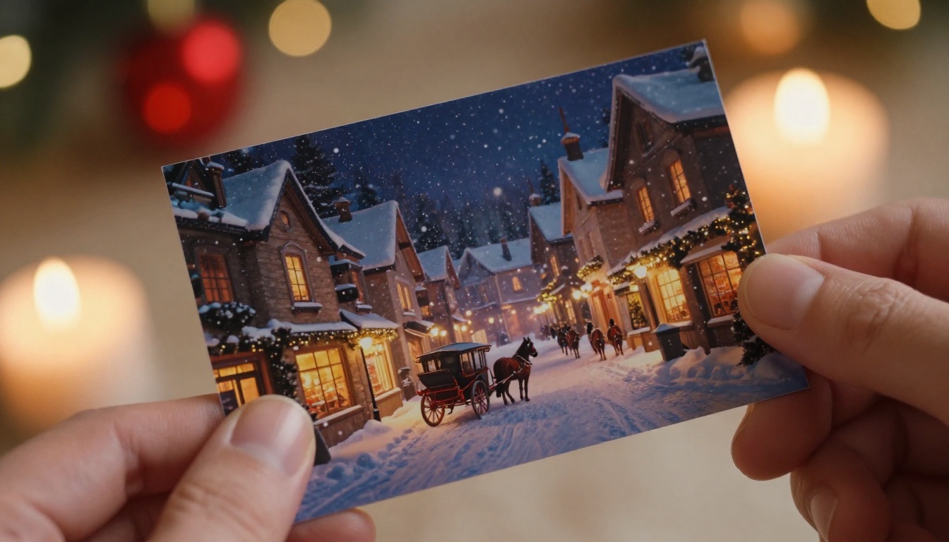 Hands holding a printed AI Christmas card showing a glowing snowy village scene