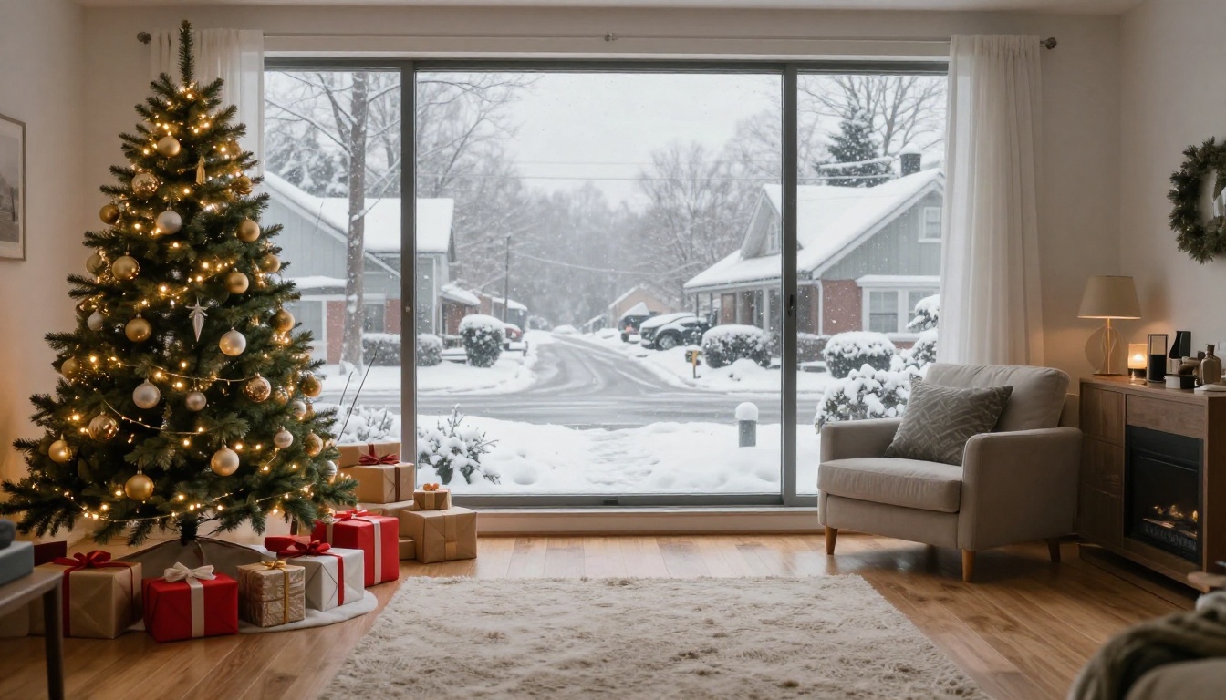 A cozy Christmas living room with decorated tree, gifts, and snow falling outside the window