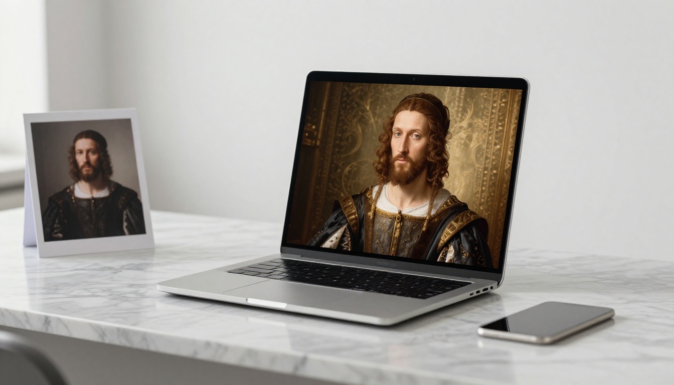 Laptop showing AI-generated Renaissance style portrait