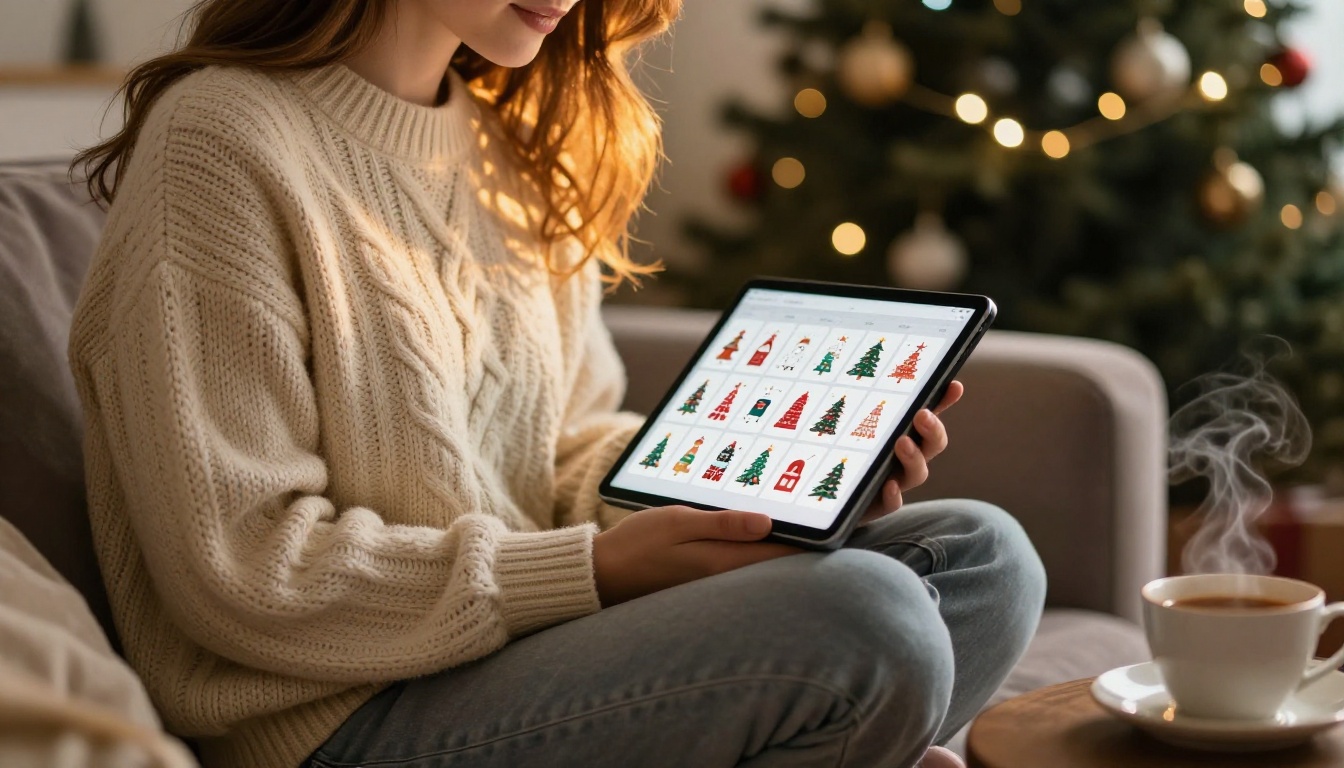 A woman on a velvet sofa browsing AI Christmas card design options on a tablet