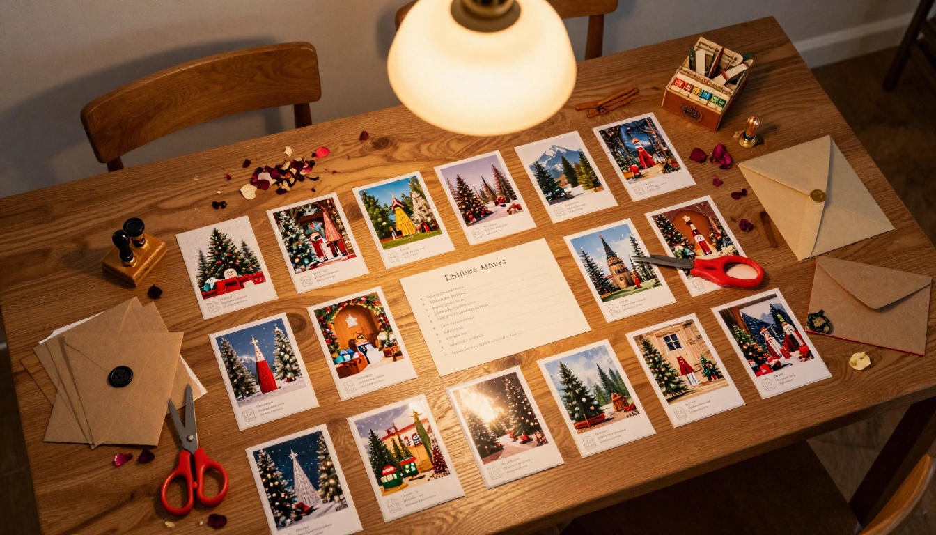 Aerial view of a Christmas card crafting station with printed cards, envelopes, wax seals, and festive decorations