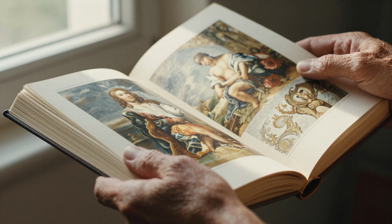 Hands holding art history book with Baroque paintings