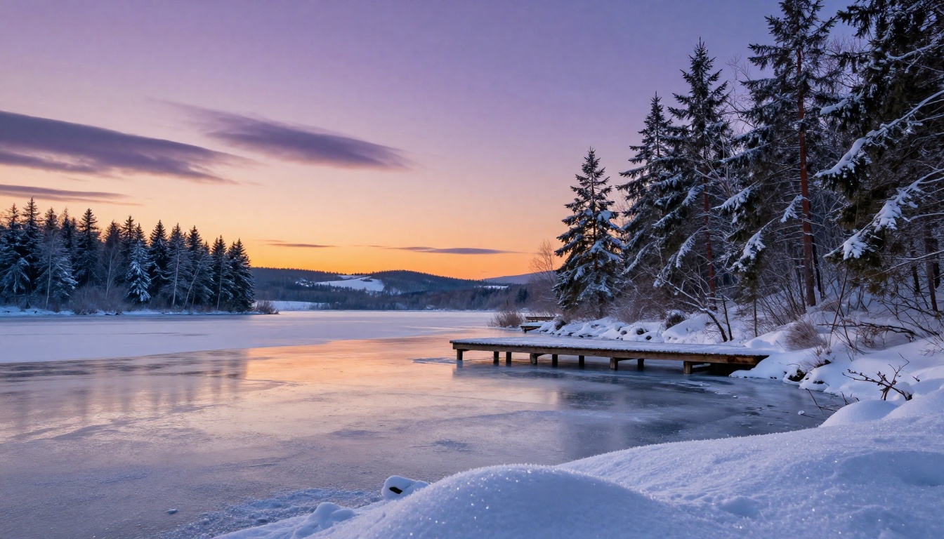 A photorealistic AI-generated Christmas landscape with a frozen lake and pine trees at sunset dusk