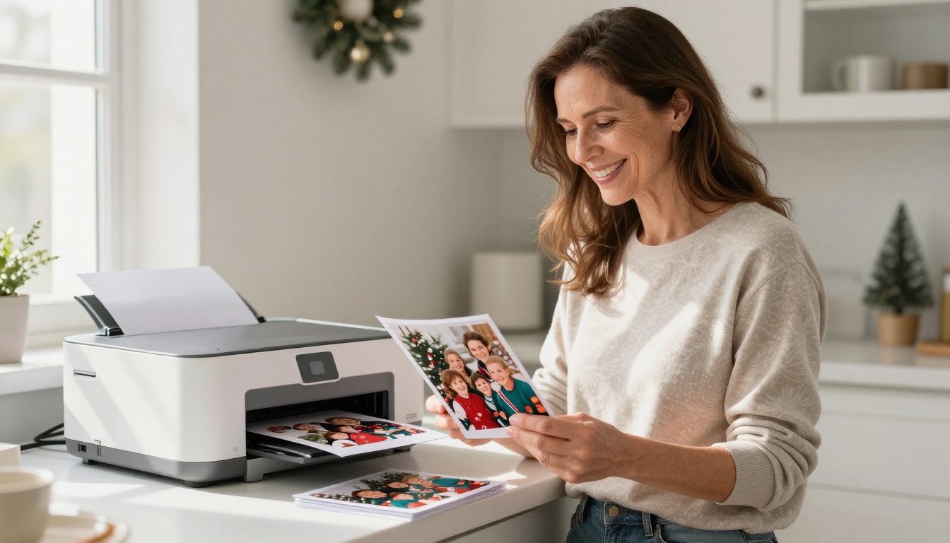 A smiling woman holding freshly printed AI Christmas cards at home, delighted with the results