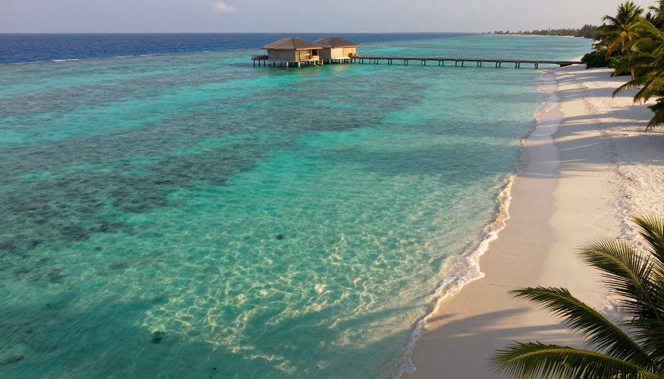 AI-generated Maldivian overwater bungalow at golden hour
