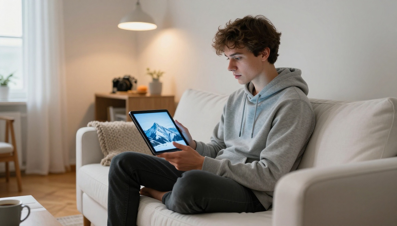 Man browsing AI travel content from his couch at home