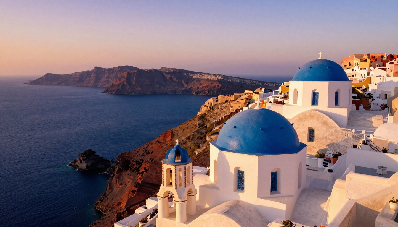 Aerial view of Santorini caldera at golden hour sunset