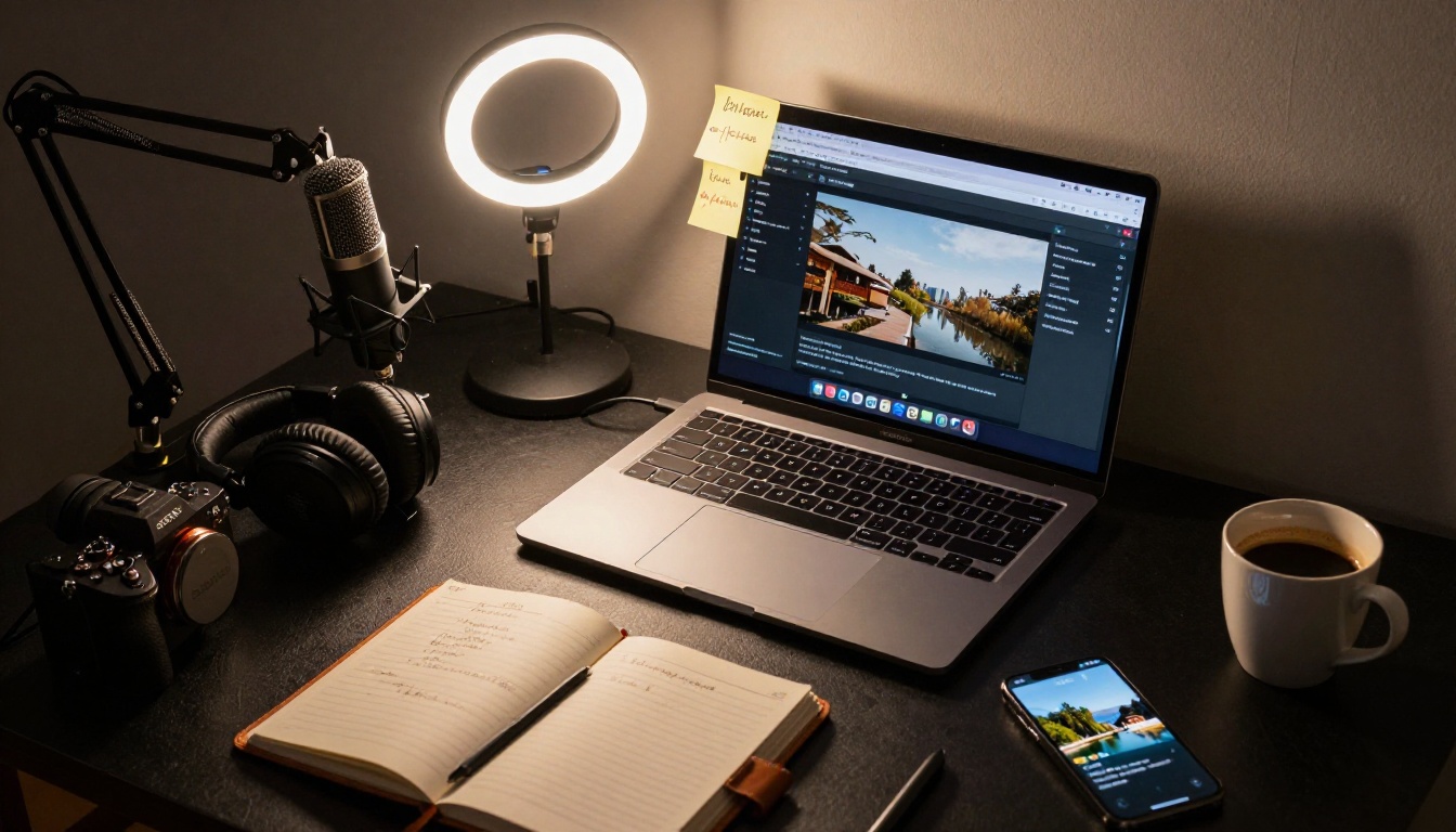 Content creator home studio desk with AI video tools