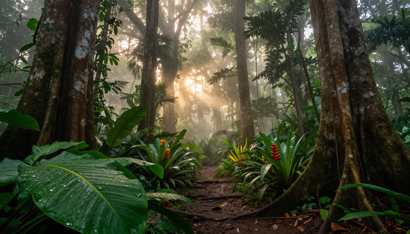 Lush Costa Rica tropical rainforest with morning light rays