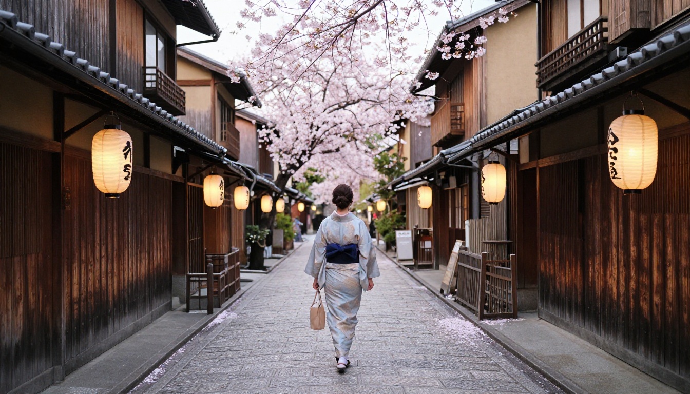 Kyoto Gion alley during cherry blossom season at dawn